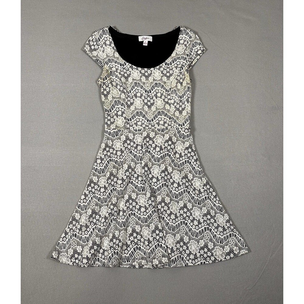 Candies Dress Small S Black White Chevron Lace Print Fit Flare Skater Cocktail